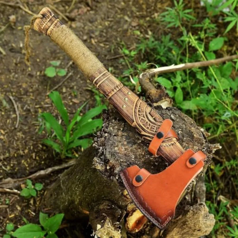 Hand Forged Viking Axe Carbon Steel Blade with Ash Wood Handle and Leather Sheath Camping Hunting Outdoor Hatchet Valhalla Ax M