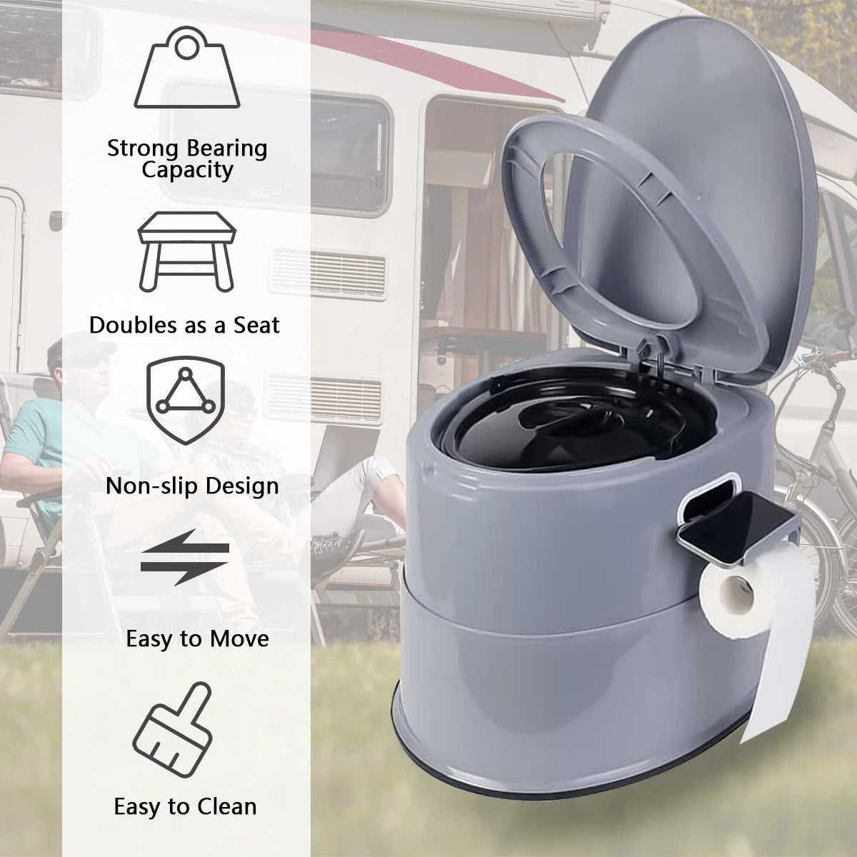 Jumbo Portable Camping Toilet with Quick-Release Inner Bucket Compact Gray RV Toilet for Outdoor Adventures