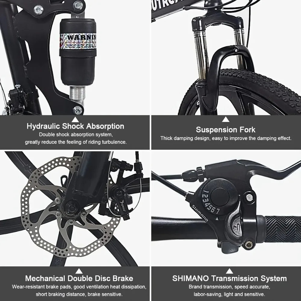 26 Inch Mountain Bike 21 Speed Dual Suspension MTB, Steel Frame Disc Brakes, All Terrain Adult Bicycle