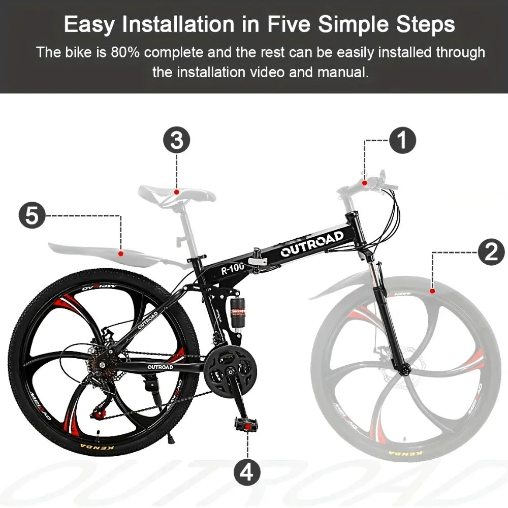 26 Inch Mountain Bike 21 Speed Dual Suspension MTB, Steel Frame Disc Brakes, All Terrain Adult Bicycle