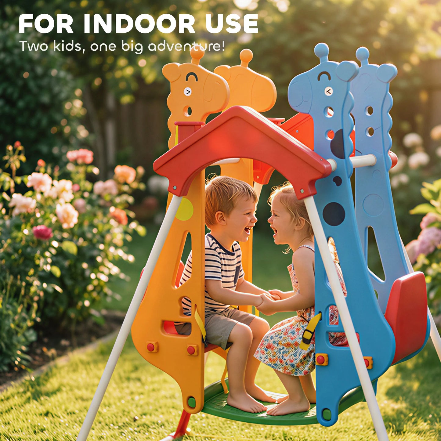 Face To Face Kids Swing Stable AFrame 2 Seat Indoor Outdoor Baby Toddler Swing with Safety Belts Giraffe Design for Ages