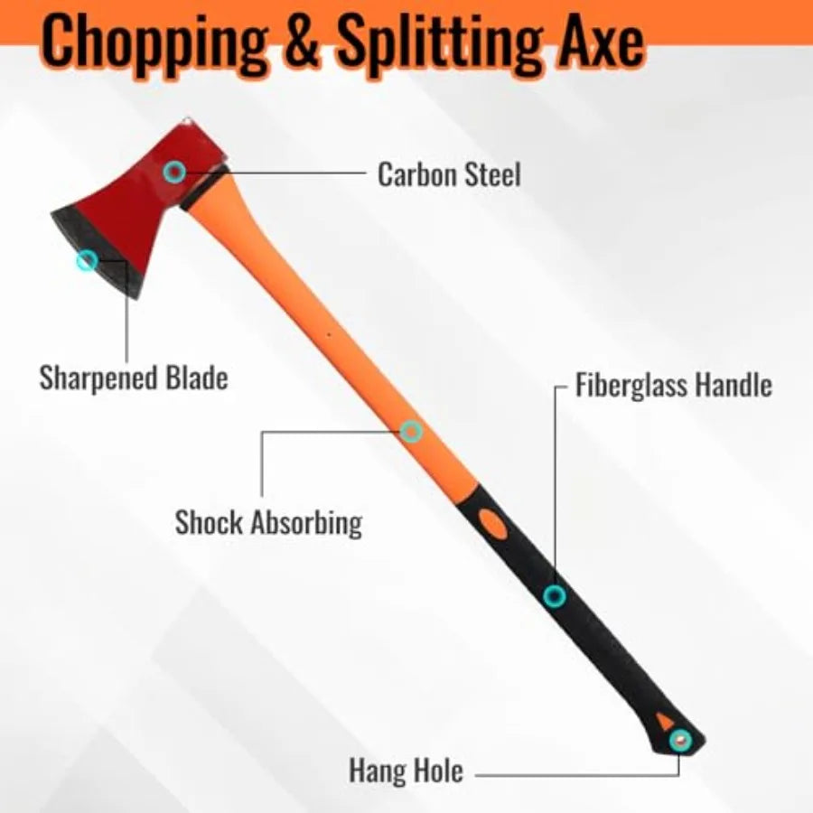 Chopping Axe: 33.5" Hatchet Axe with Shock Absorbing Fiberglass Handle 4.5lbs Felling Axes for Splitting Log Cutting Firewood G