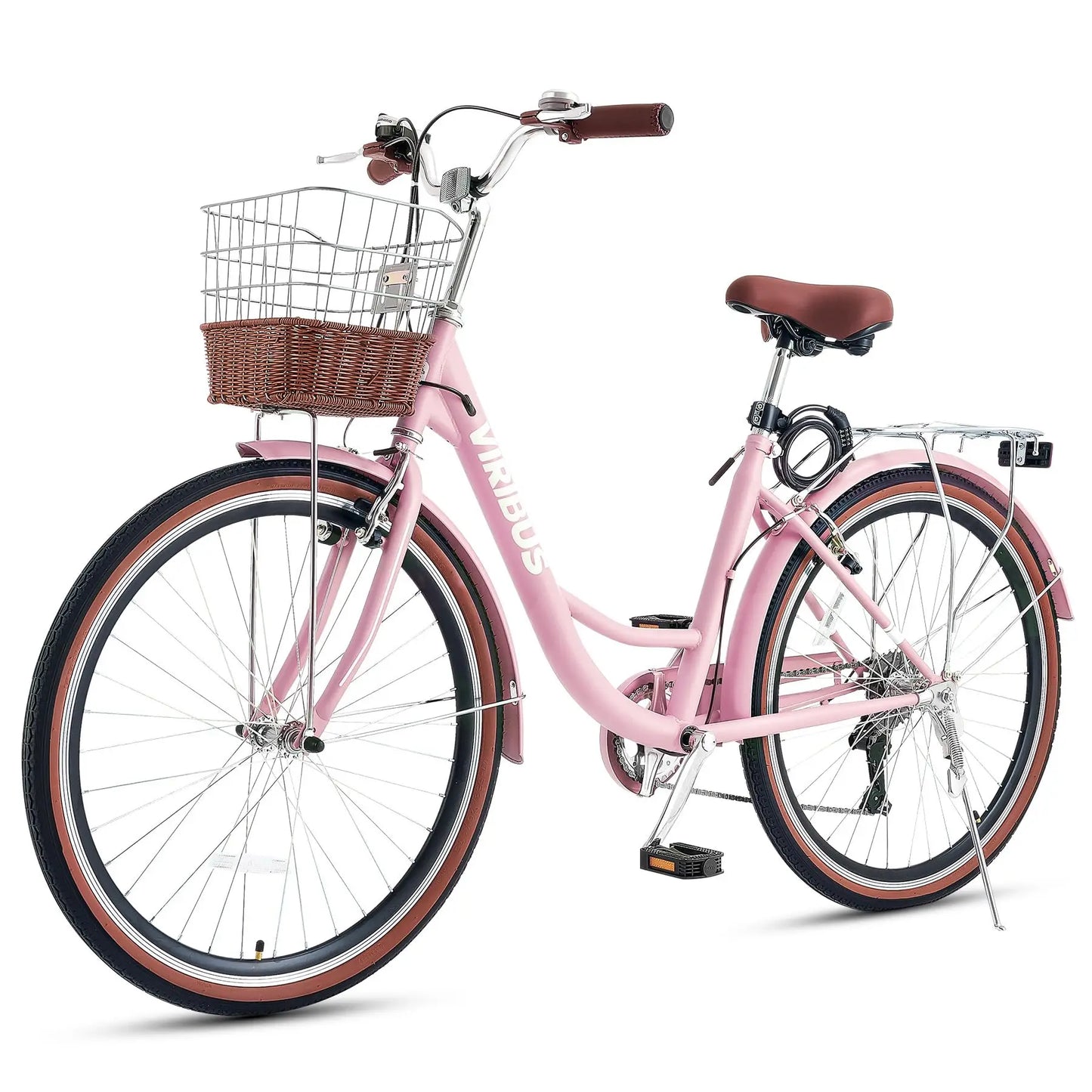 VIRIBUS Womens Cruiser Bike, 7 Speed Beach Cruiser Bike for Women, 26 inch Women Bicycle with Rattan Basket, City Commuter