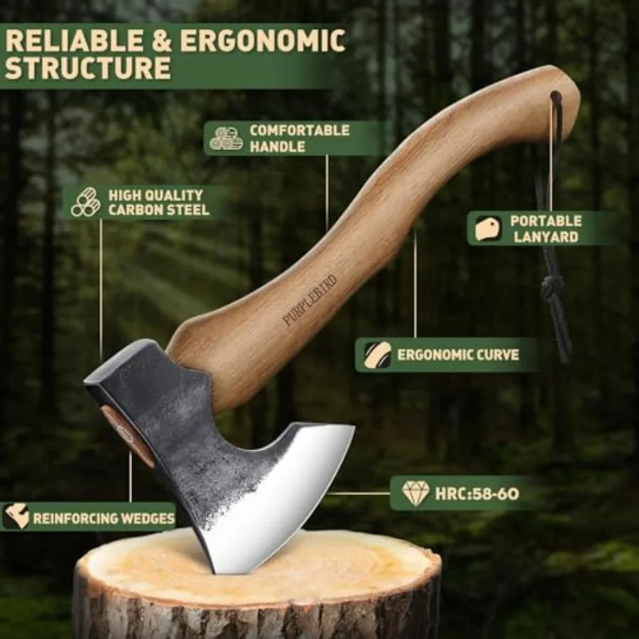 Hatchet Axe with Sheath for Camping 15 Inch Bushcraft Axe Carbon Steel Chopping Axes Wood Handle Splitting Axes Hand-Forged Cam