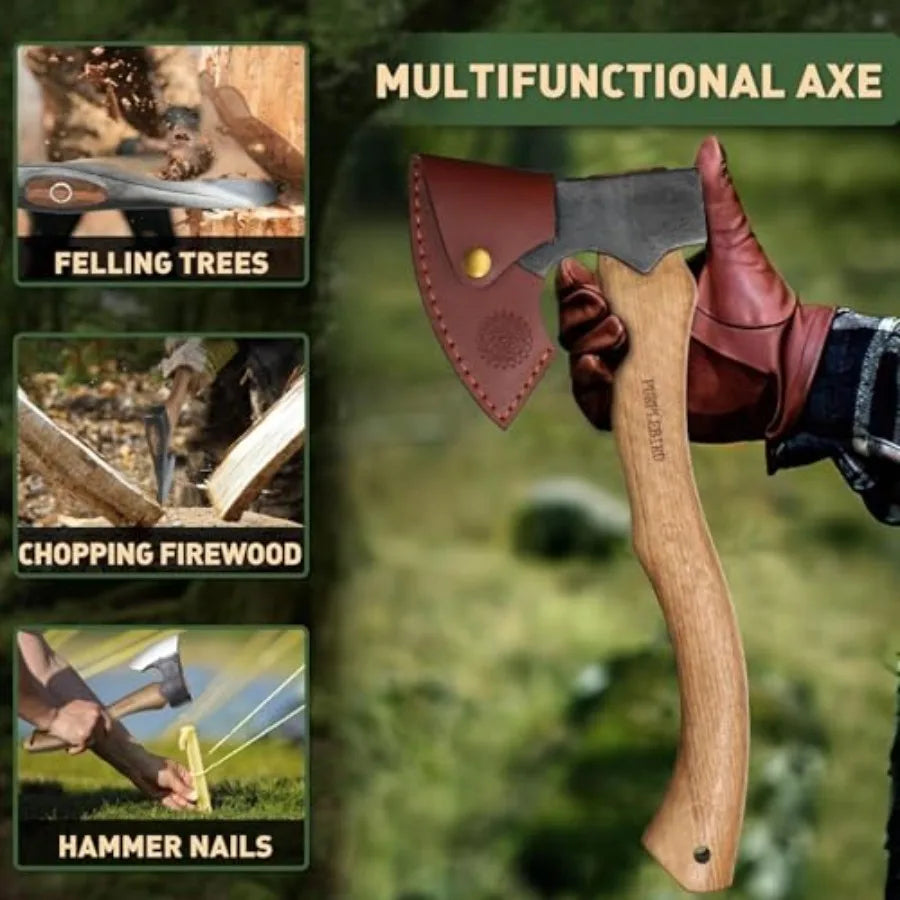 Hatchet Axe with Sheath for Camping 15 Inch Bushcraft Axe Carbon Steel Chopping Axes Wood Handle Splitting Axes Hand-Forged Cam