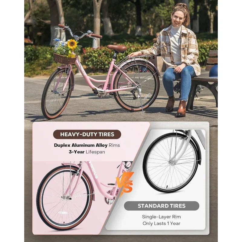 VIRIBUS Womens Cruiser Bike, 7 Speed Beach Cruiser Bike for Women, 26 inch Women Bicycle with Rattan Basket, City Commuter
