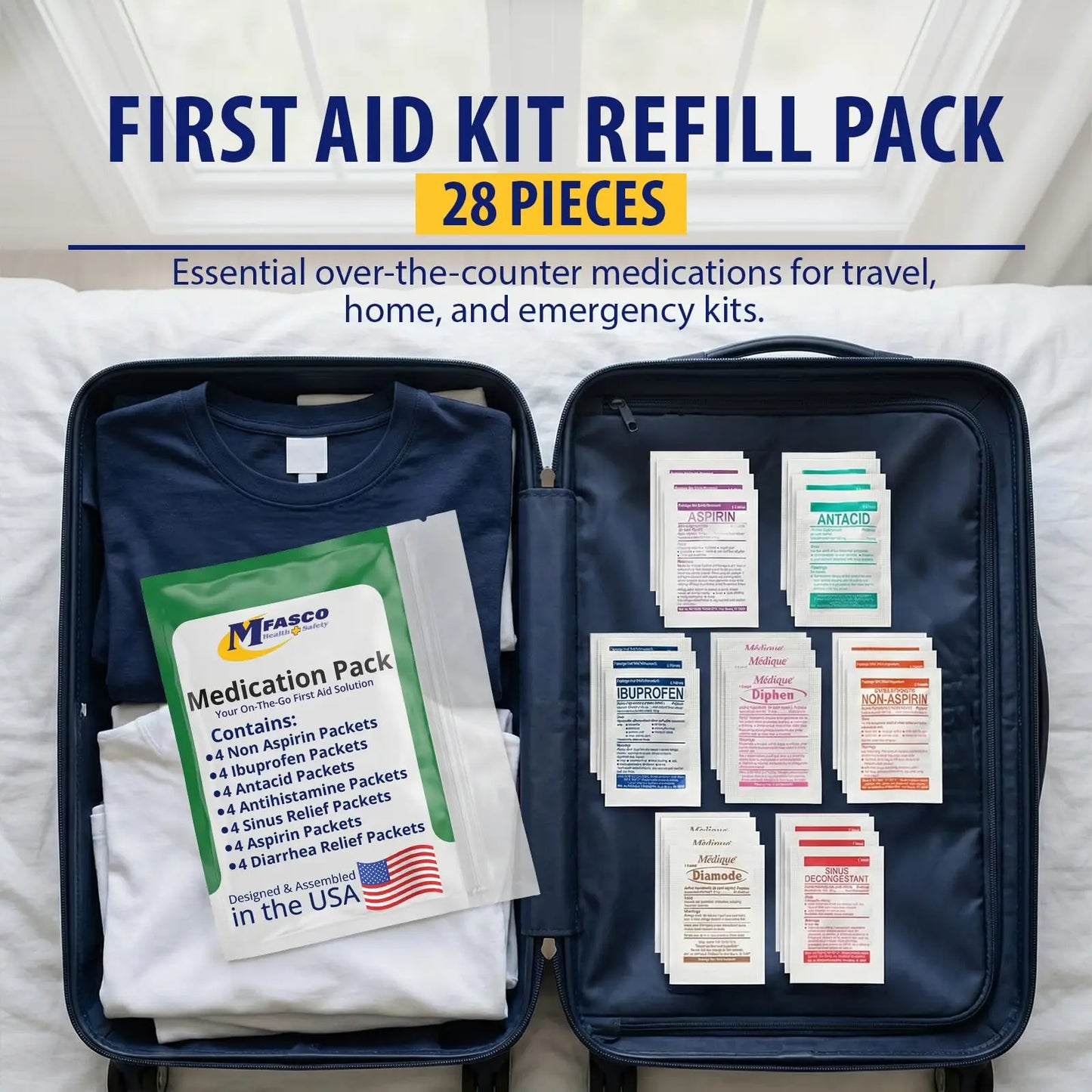 7-in-1 Travel Medicine Kit 28 Packets, TSA Approved for Cruise International Travel