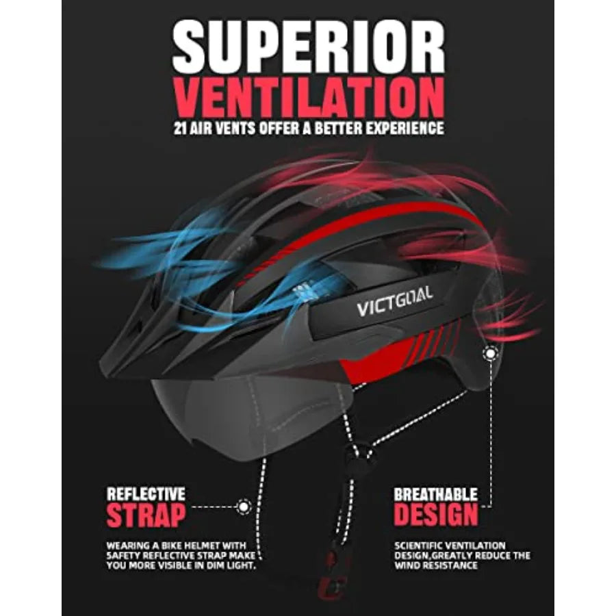 Bike Helmet with Rechargeable Rear Light for Adult Men Women with Transparent Helmet Goggle