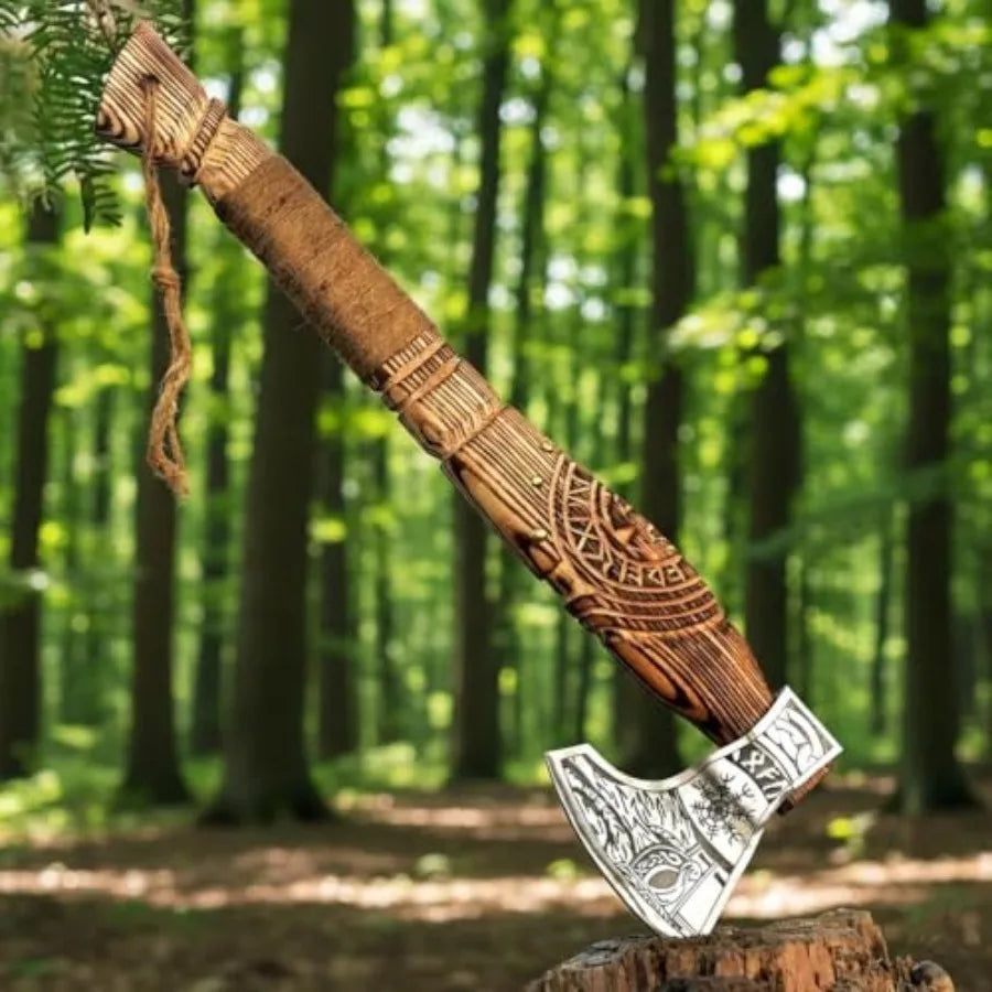 Hand Forged Viking Axe Carbon Steel Blade with Ash Wood Handle and Leather Sheath Camping Hunting Outdoor Hatchet Valhalla Ax M