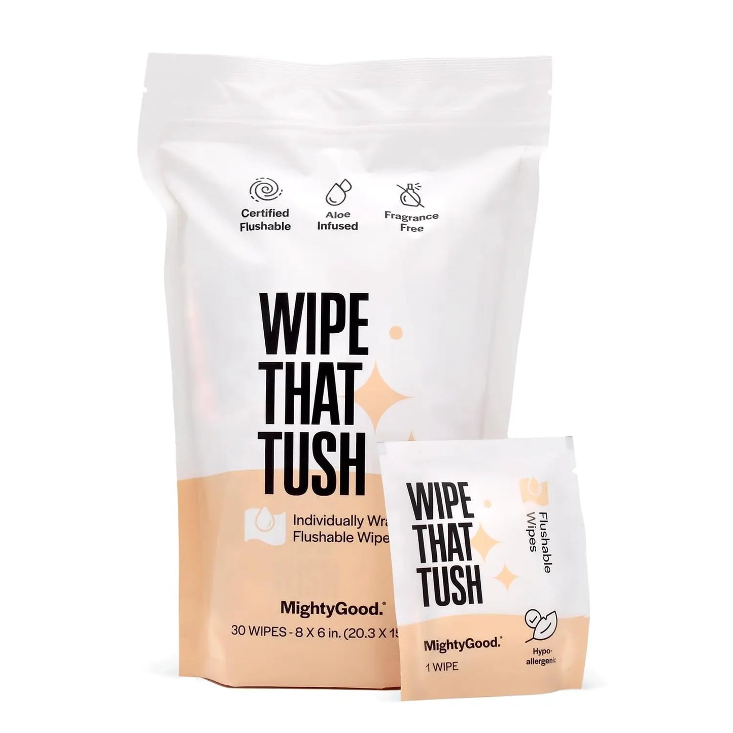 Extra Large Soft Flushable Wipes, Fragrance Free & Hypoallergenic with Aloe Vitamin E, Septic-Safe, 30 Individually Wrapped