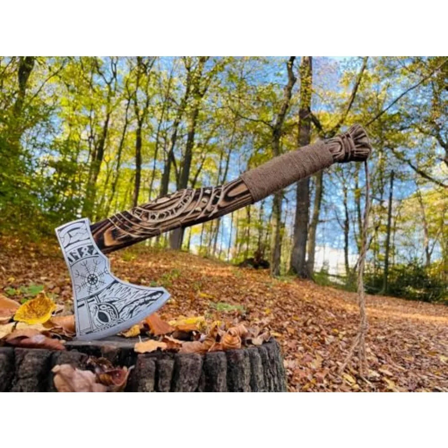 Hand Forged Viking Axe Carbon Steel Blade with Ash Wood Handle and Leather Sheath Camping Hunting Outdoor Hatchet Valhalla Ax M