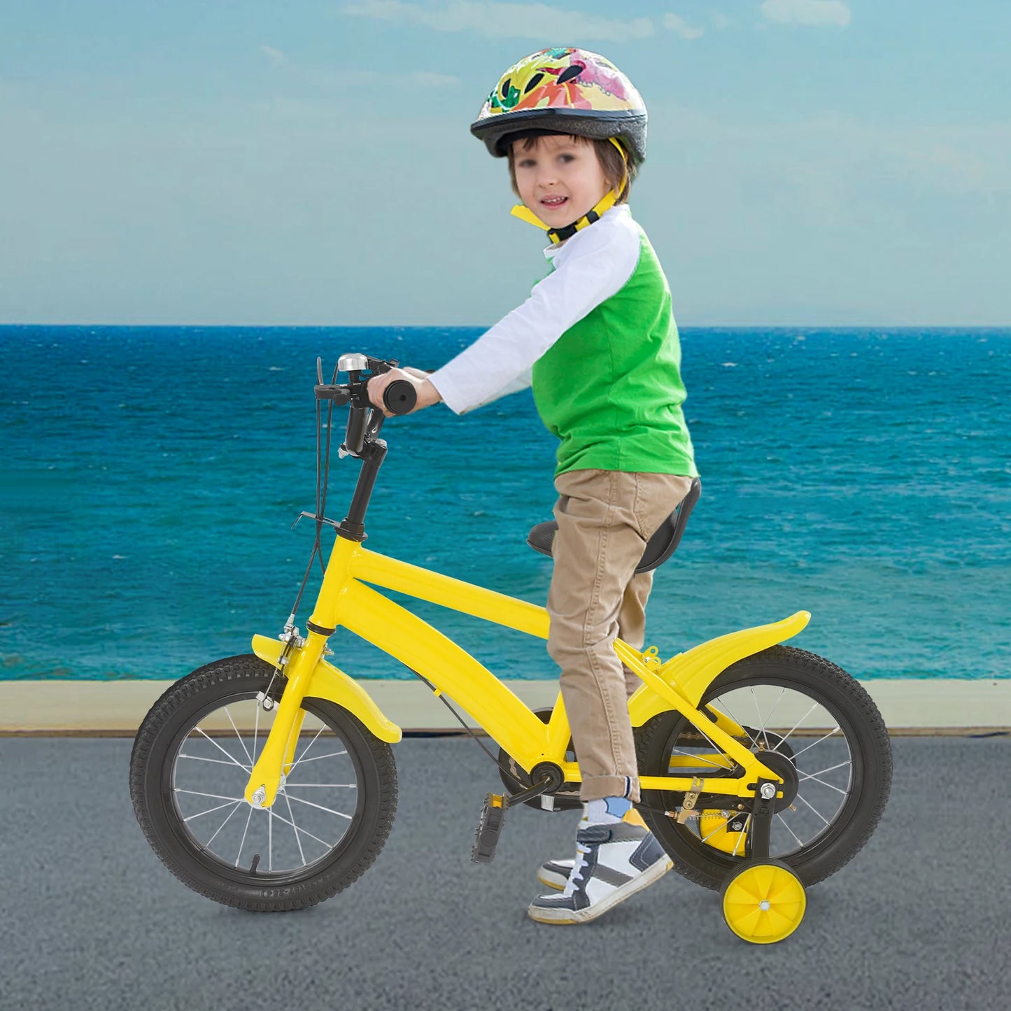 14 INCH KIDS BIKE WITH TRAINING WHEELS, ADJUSTABLE SEAT & HANDLEBAR, ANTI-SLIP HANDLEBAR, HANDBRAKE & BELL FOR BEGINNER RIDERS