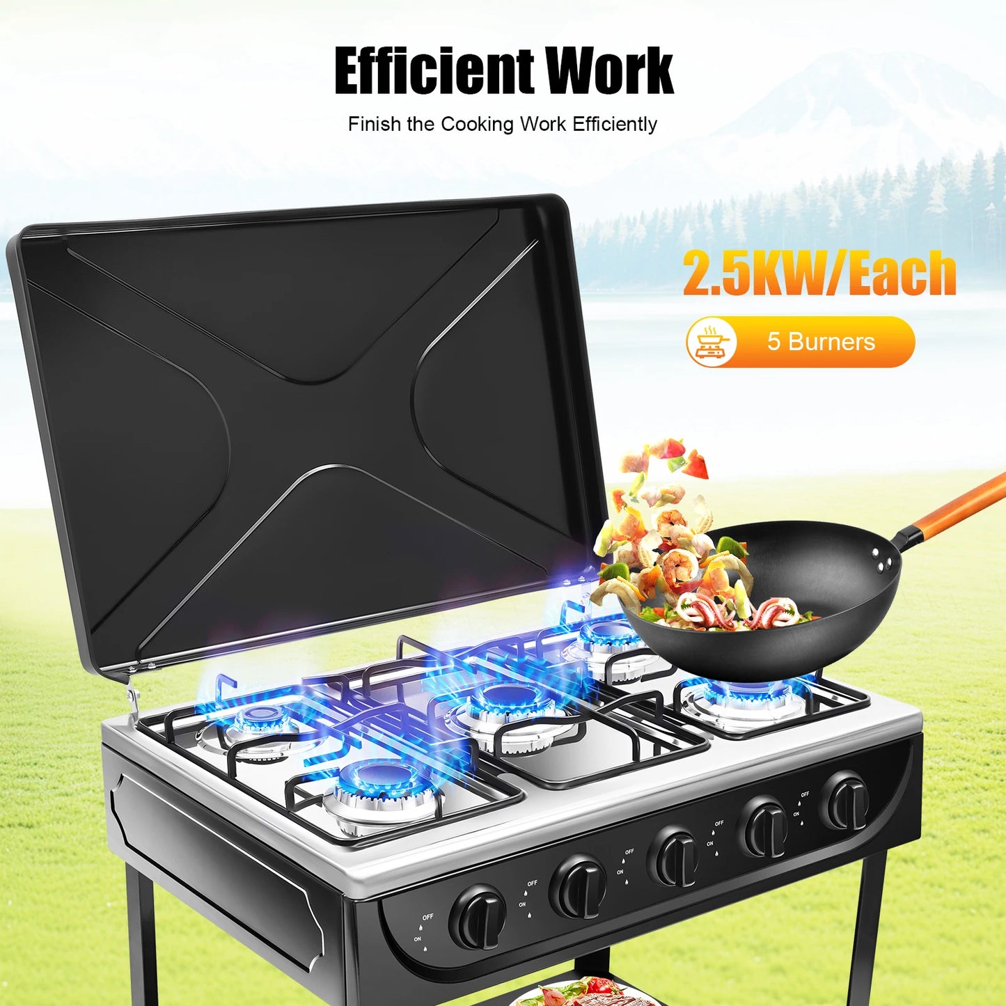 Natural Gas Stove with 5 Burners Outdoor 5-Burner Stove Portable Gas Stove Manual Ignition with 2 Placement Boards