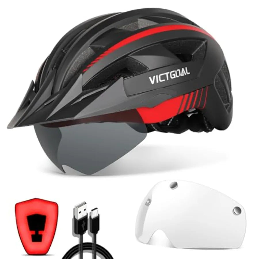 Bike Helmet with Rechargeable Rear Light for Adult Men Women with Transparent Helmet Goggle