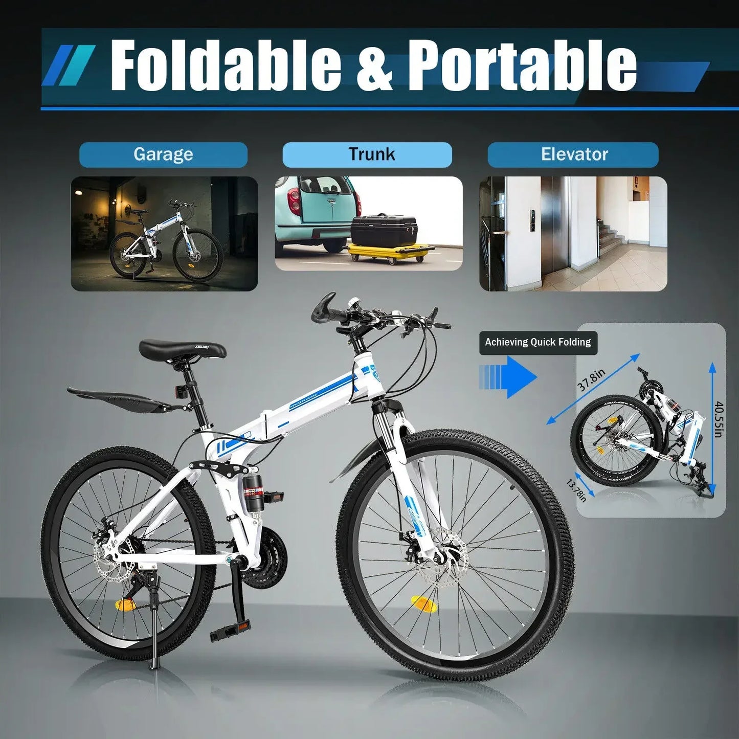 26" Folding Mountain Bike 21-Speed Dual Disc Brakes Men's MTB for Commuting Outdoor Sports