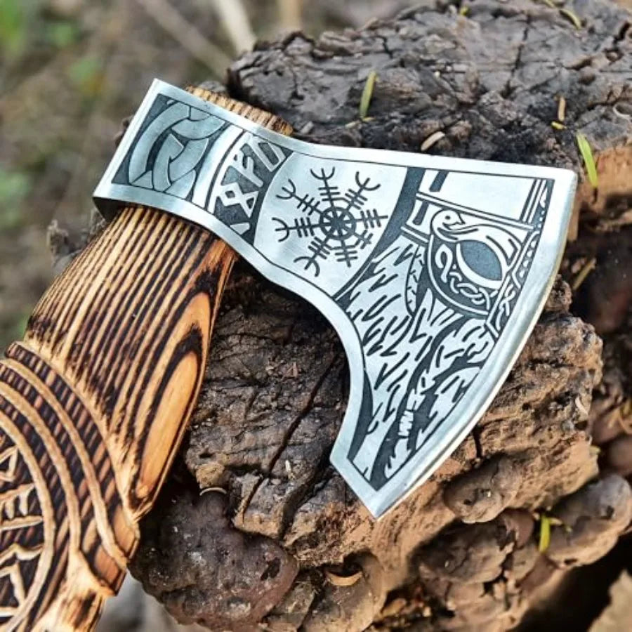 Hand Forged Viking Axe Carbon Steel Blade with Ash Wood Handle and Leather Sheath Camping Hunting Outdoor Hatchet Valhalla Ax M