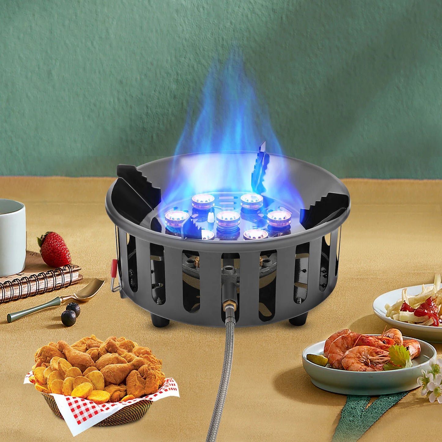 7-Core Camping Stove High-Power Strong Fire Portable Tourist Gas Burner Windproof Electronic Ignition Camping Equipment 21000W