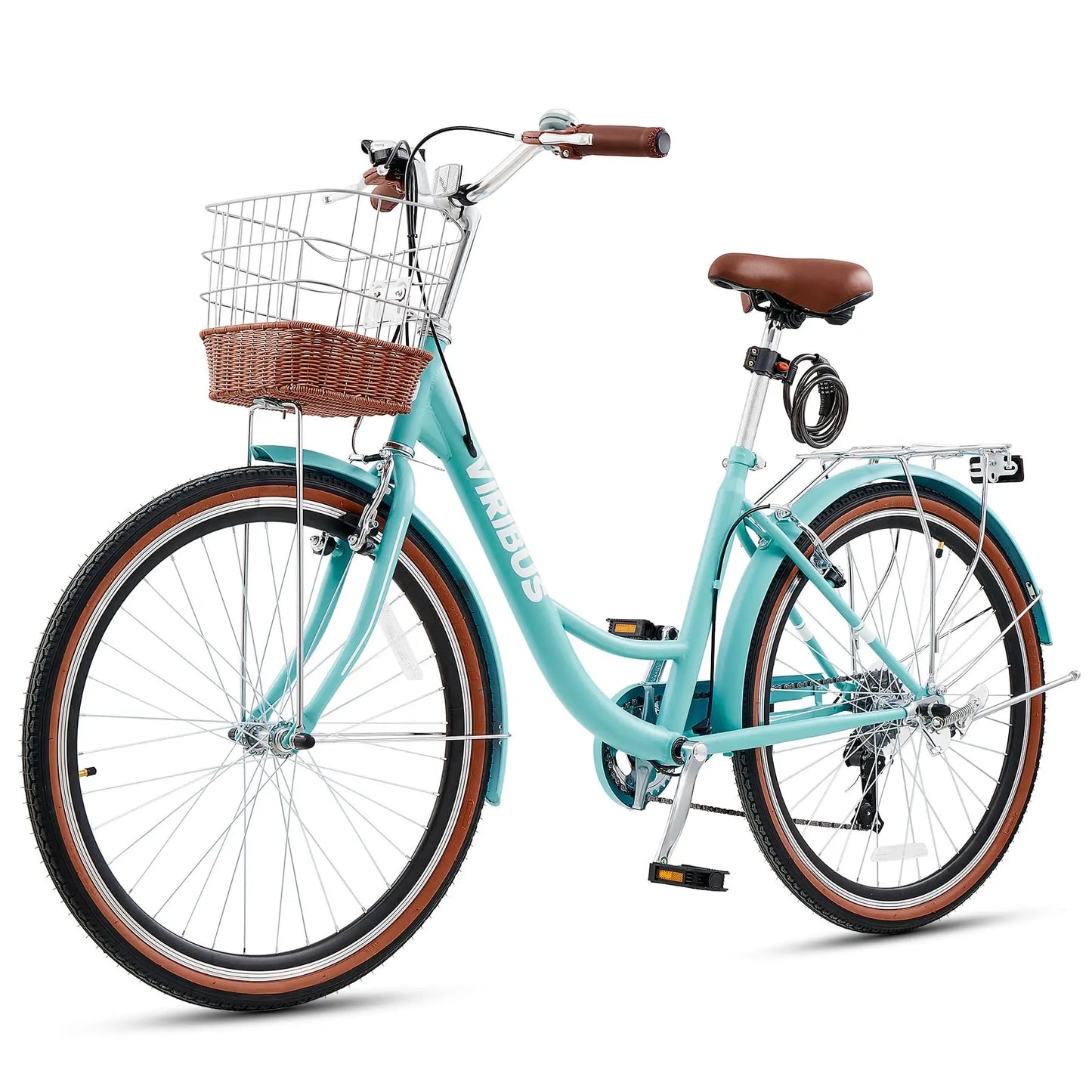 VIRIBUS Womens Cruiser Bike, 7 Speed Beach Cruiser Bike for Women, 26 inch Women Bicycle with Rattan Basket, City Commuter