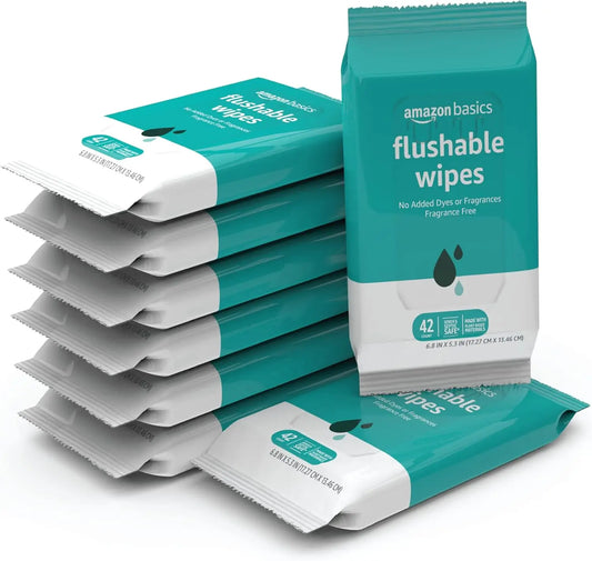 Flushable Adult Toilet Wipes, Fragrance-Free, 42 Count per Pack (8 Packs Total, 336 Wipes)