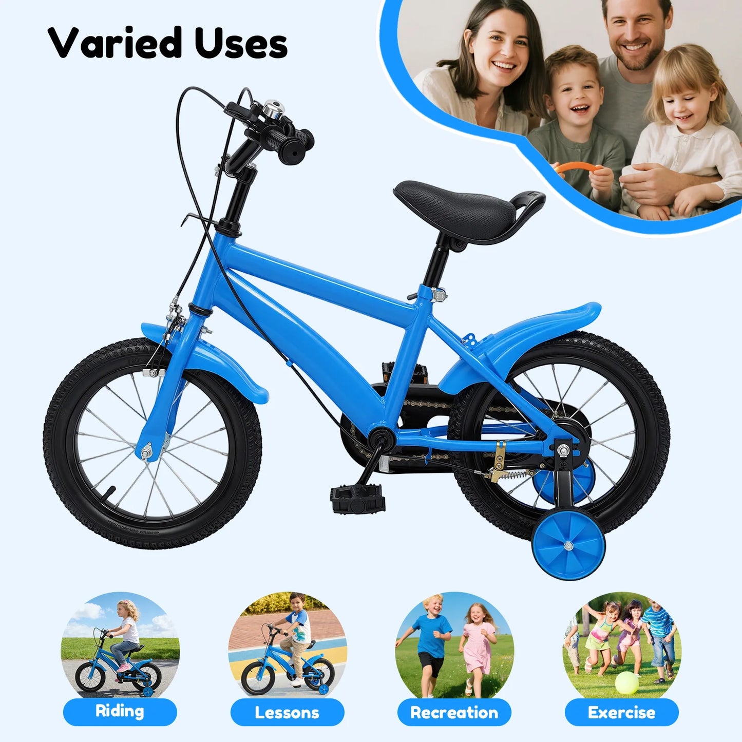 14 INCH KIDS BIKE WITH TRAINING WHEELS, ADJUSTABLE SEAT & HANDLEBAR, ANTI-SLIP HANDLEBAR, HANDBRAKE & BELL FOR BEGINNER RIDERS