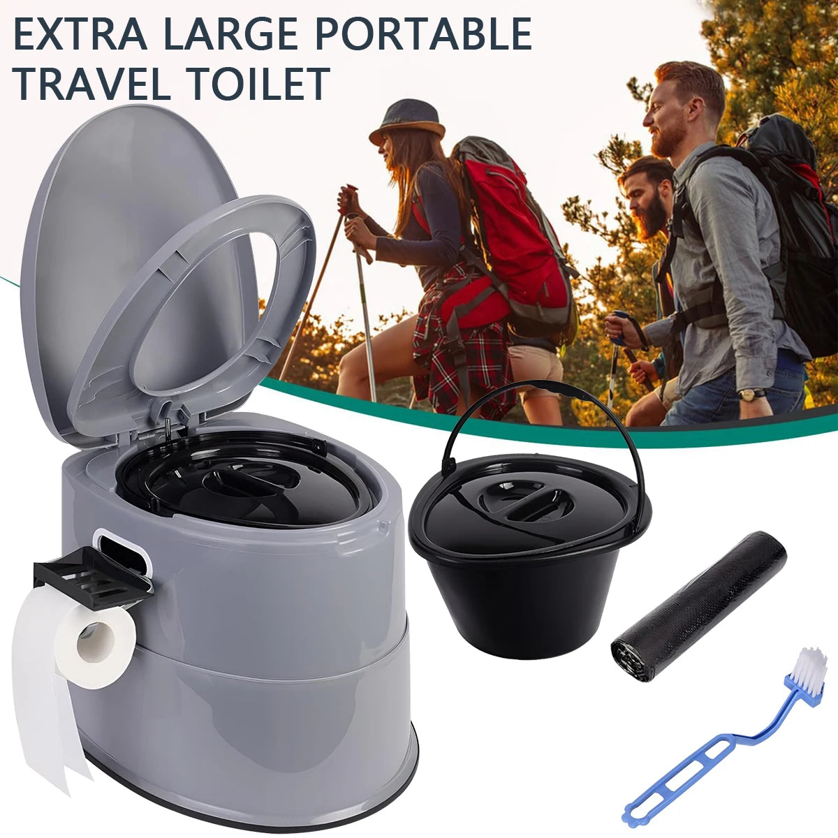 Jumbo Portable Camping Toilet with Quick-Release Inner Bucket Compact Gray RV Toilet for Outdoor Adventures