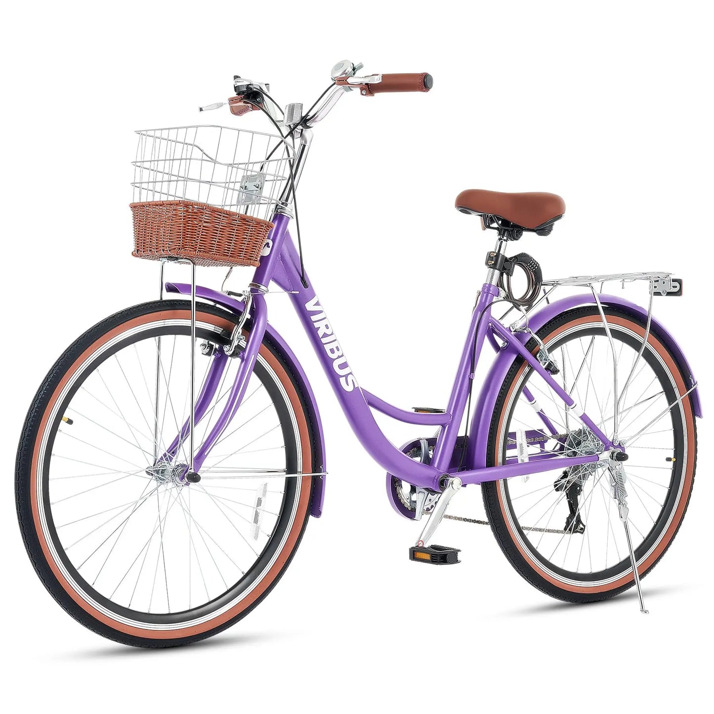 VIRIBUS Womens Cruiser Bike, 7 Speed Beach Cruiser Bike for Women, 26 inch Women Bicycle with Rattan Basket, City Commuter
