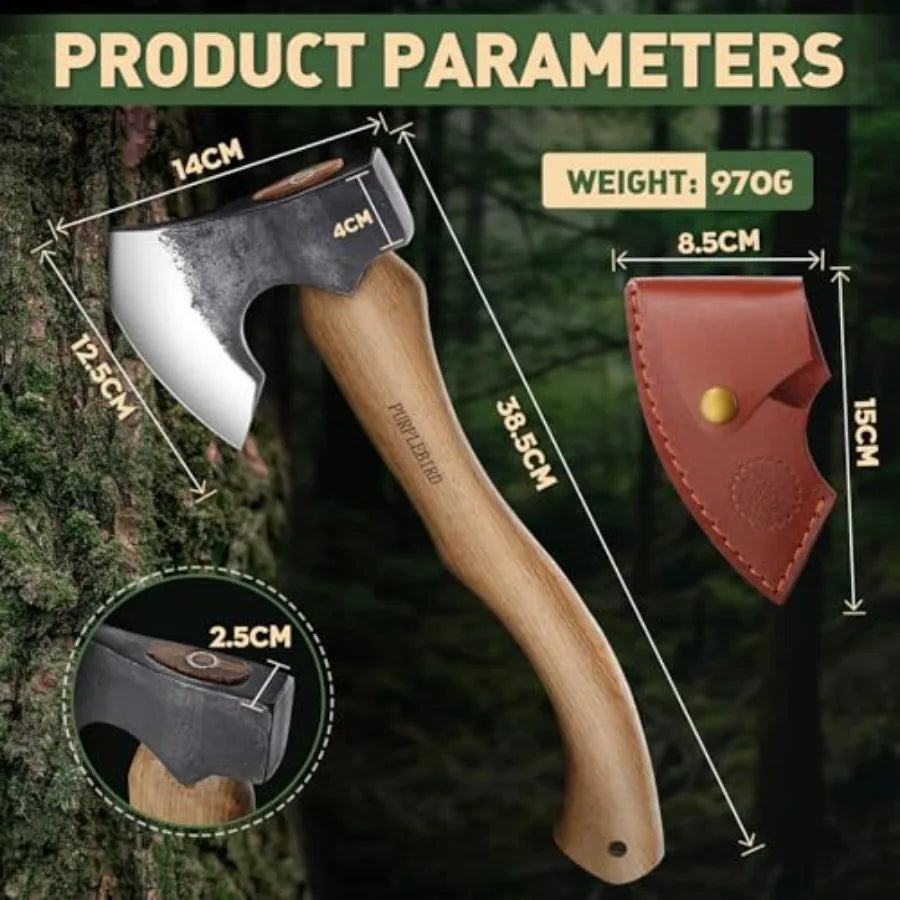 Hatchet Axe with Sheath for Camping 15 Inch Bushcraft Axe Carbon Steel Chopping Axes Wood Handle Splitting Axes Hand-Forged Cam