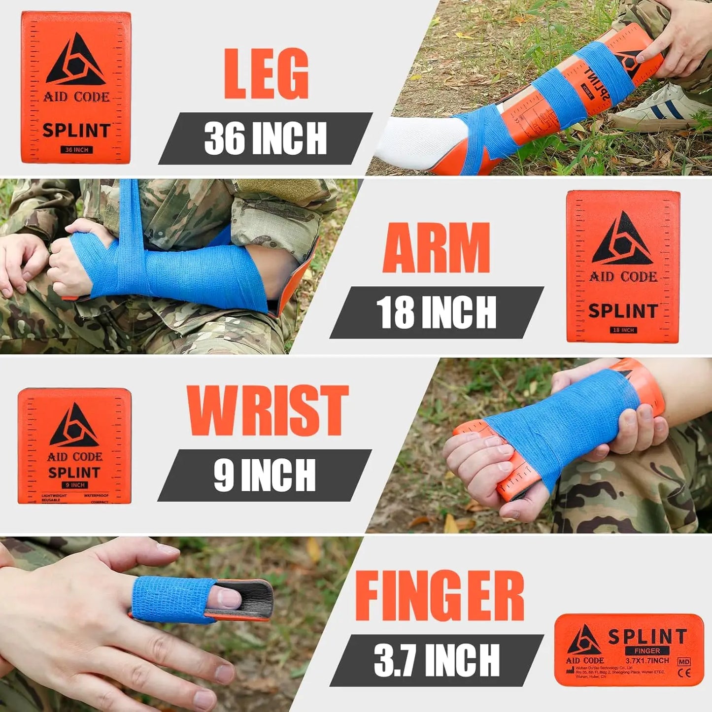 Emergency Splint Kit for Arm Leg Broken Bones Fracture, Adjustable Waterproof First Aid Supplies (4 Pack Combo)