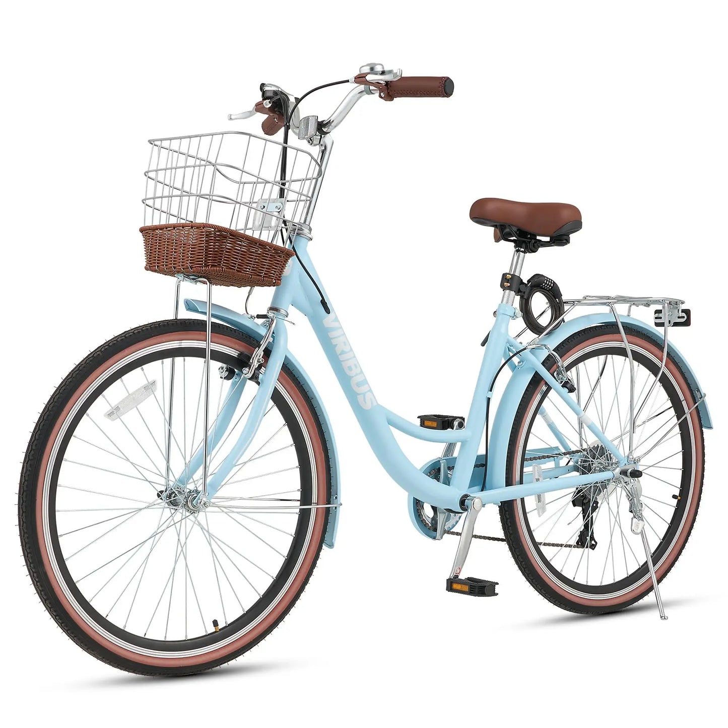 VIRIBUS Womens Cruiser Bike, 7 Speed Beach Cruiser Bike for Women, 26 inch Women Bicycle with Rattan Basket, City Commuter
