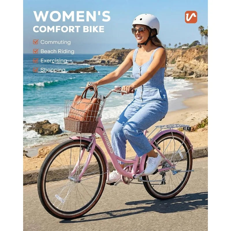 VIRIBUS Womens Cruiser Bike, 7 Speed Beach Cruiser Bike for Women, 26 inch Women Bicycle with Rattan Basket, City Commuter