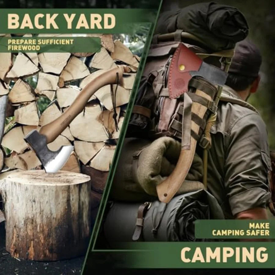 Hatchet Axe with Sheath for Camping 15 Inch Bushcraft Axe Carbon Steel Chopping Axes Wood Handle Splitting Axes Hand-Forged Cam