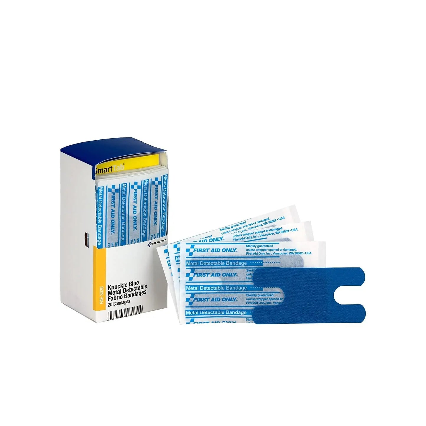 Blue Metal Detectable Knuckle Bandages, Latex-Free First Aid Refill for Food Service and Workplaces, 20 Count