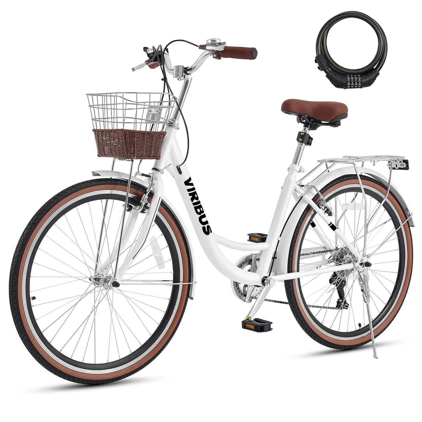 VIRIBUS Womens Cruiser Bike, 7 Speed Beach Cruiser Bike for Women, 26 inch Women Bicycle with Rattan Basket, City Commuter