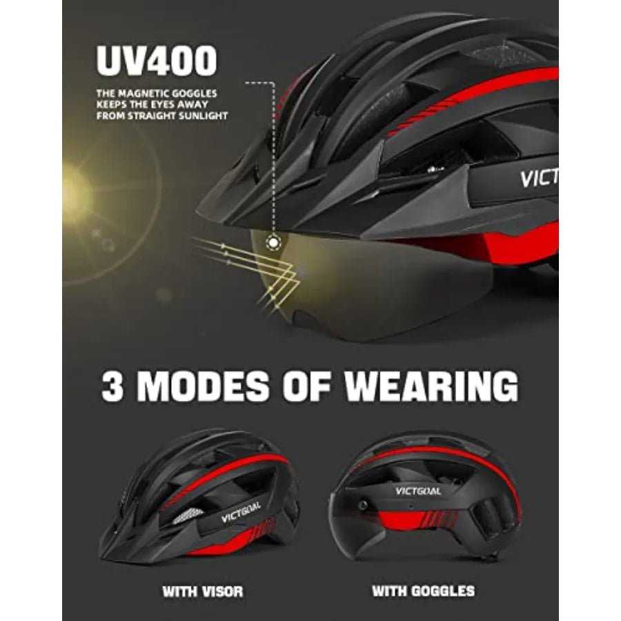 Bike Helmet with Rechargeable Rear Light for Adult Men Women with Transparent Helmet Goggle