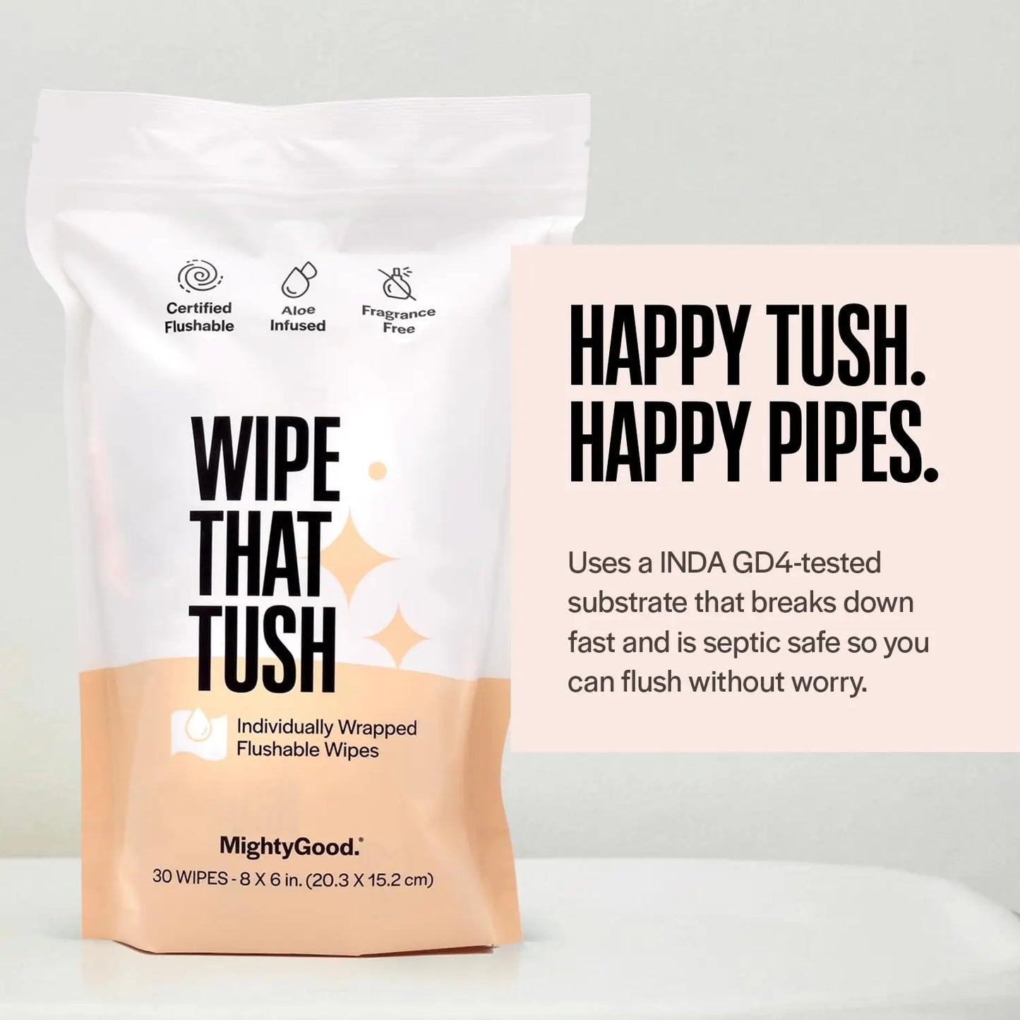 Extra Large Soft Flushable Wipes, Fragrance Free & Hypoallergenic with Aloe Vitamin E, Septic-Safe, 30 Individually Wrapped