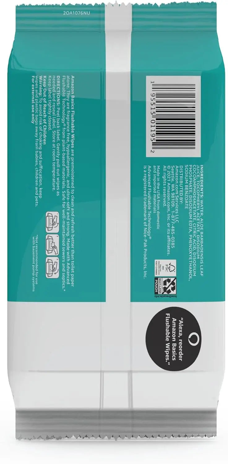 Flushable Adult Toilet Wipes, Fragrance-Free, 42 Count per Pack (8 Packs Total, 336 Wipes)