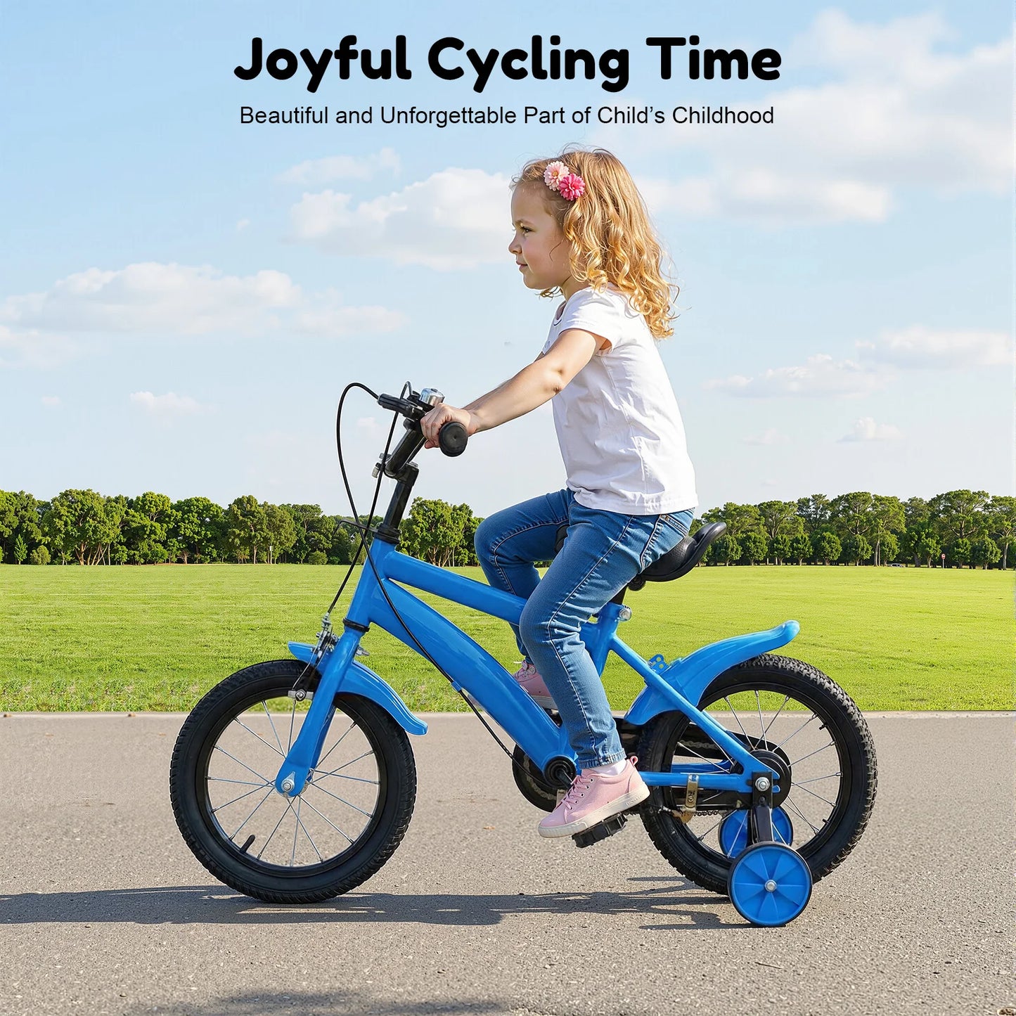14 INCH KIDS BIKE WITH TRAINING WHEELS, ADJUSTABLE SEAT & HANDLEBAR, ANTI-SLIP HANDLEBAR, HANDBRAKE & BELL FOR BEGINNER RIDERS
