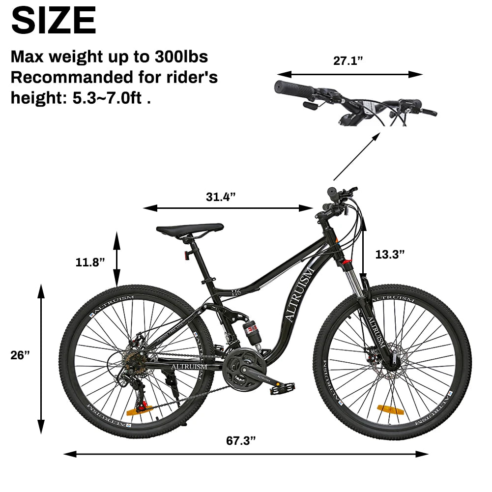 26" Dual Suspension Mountain Bike 21 Speed Disc Brake High Carbon Steel Frame Adult MTB Bicycle