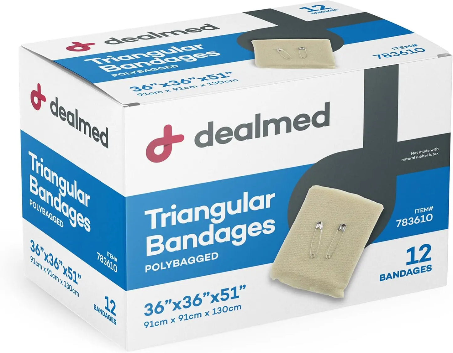 Latex-Free Triangular Bandages - 12 Cotton Bandages with Safety Pins, 36" x 36" x 51" Compression Wrap for First Aid