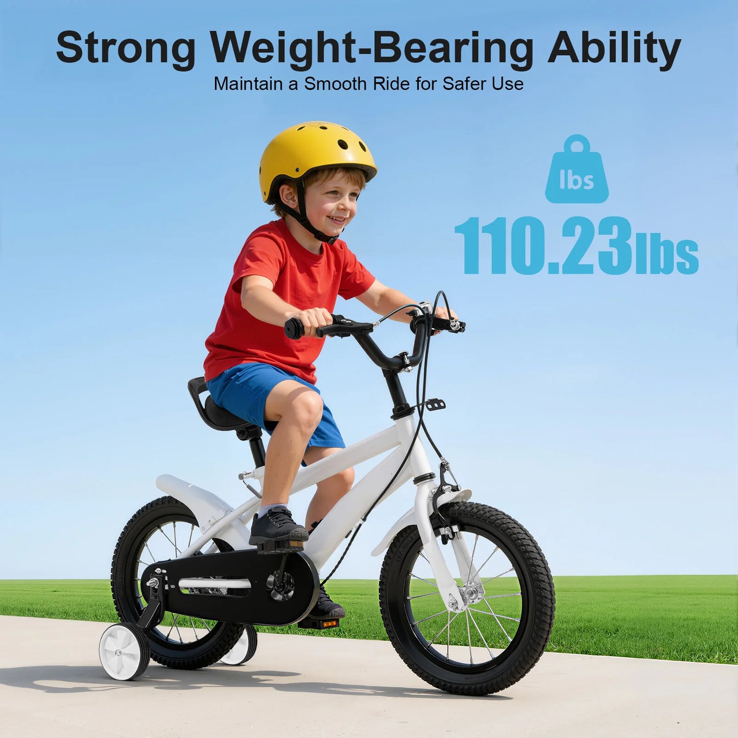 14 INCH KIDS BIKE WITH TRAINING WHEELS, ADJUSTABLE SEAT & HANDLEBAR, ANTI-SLIP HANDLEBAR, HANDBRAKE & BELL FOR BEGINNER RIDERS