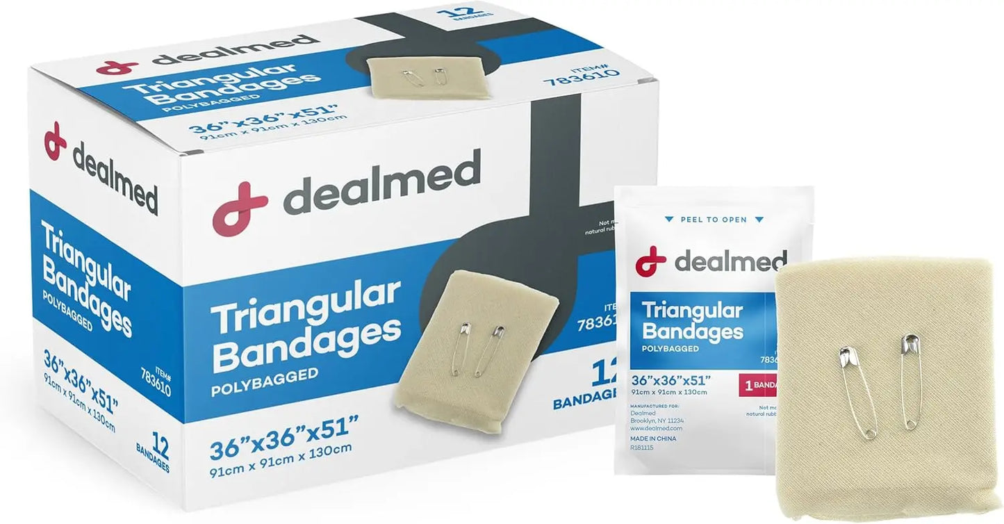 Latex-Free Triangular Bandages - 12 Cotton Bandages with Safety Pins, 36" x 36" x 51" Compression Wrap for First Aid