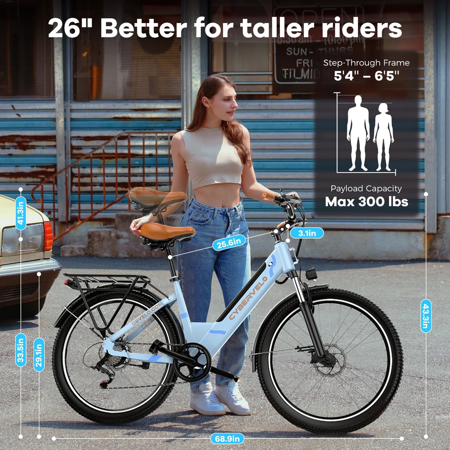 Cybervelo Urban Commute E-Bike, 48V 1000W Peak Motor, Detachable Battery 7-Speed shift Electric Bike, 26“ Step-Thru adults EK2