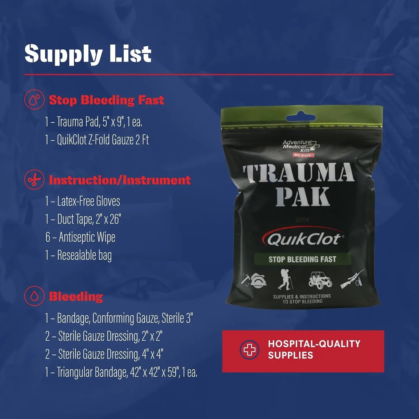 Emergency Trauma First Aid Kit with Quick-Clotting Gauze, Black, Universal Size for Outdoor & Survival