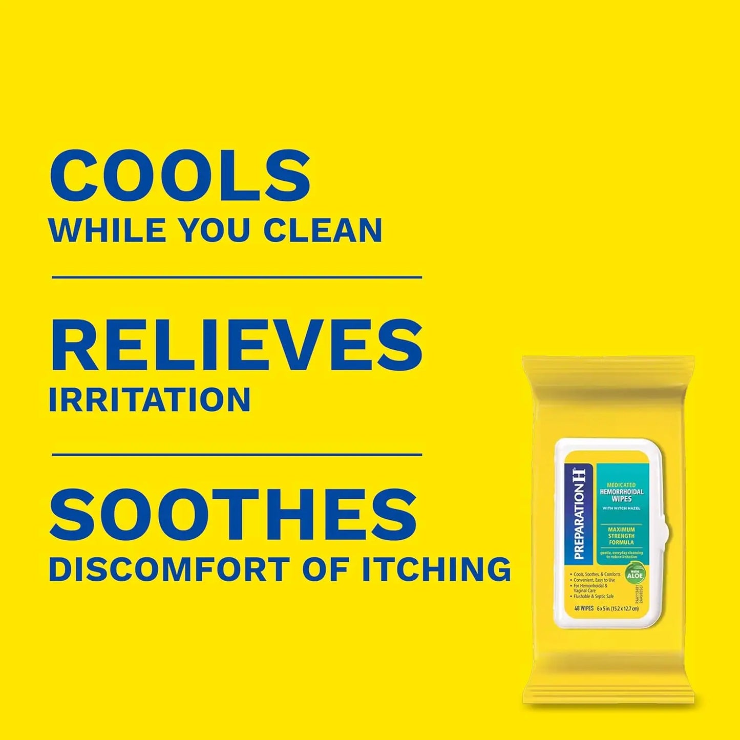 Soothing Hemorrhoid Wipes with Witch Hazel for Skin Irritation Relief - 48 Count, Flushable