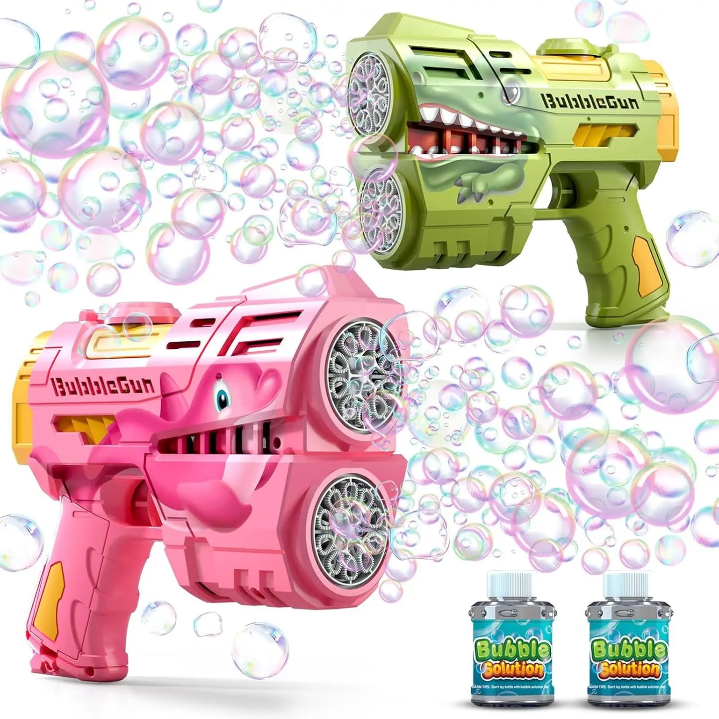 2 Pack Rechargeable Dinosaur Bubble Guns with LED Lights, 360° Leak-Proof Design for Kids Outdoor Play