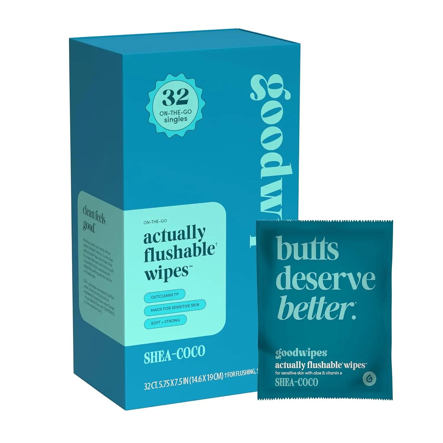 Flushable Wipes for Adults - Individually Wrapped, Travel-Friendly & Septic Safe, Shea-Coco Scent, 32 Count