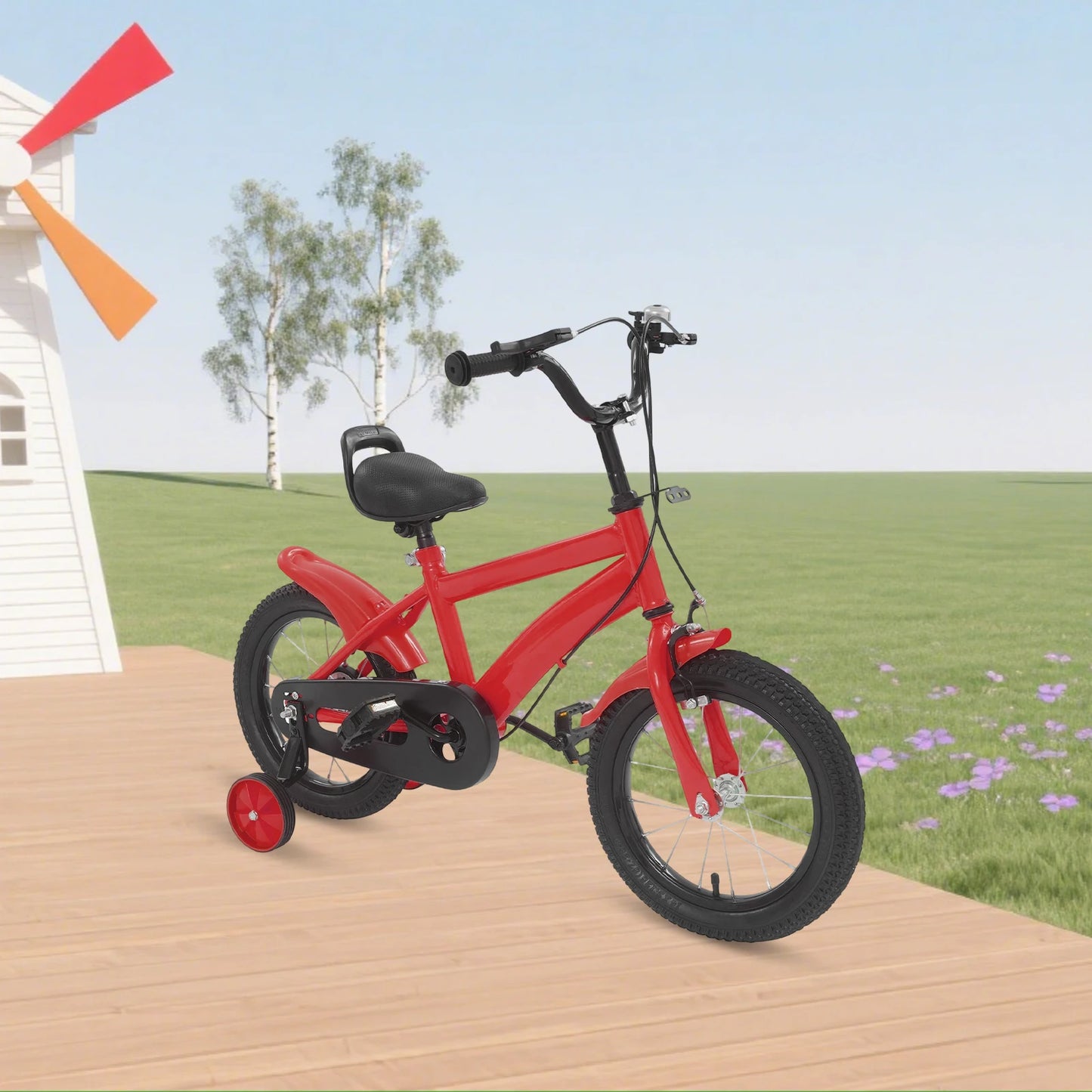 14 INCH KIDS BIKE WITH TRAINING WHEELS, ADJUSTABLE SEAT & HANDLEBAR, ANTI-SLIP HANDLEBAR, HANDBRAKE & BELL FOR BEGINNER RIDERS