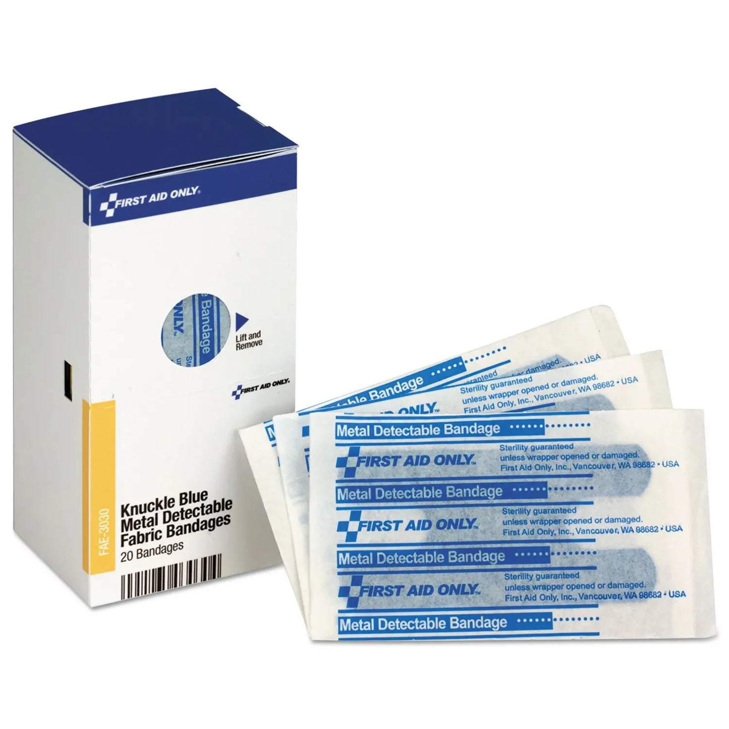 Blue Metal Detectable Knuckle Bandages, Latex-Free First Aid Refill for Food Service and Workplaces, 20 Count