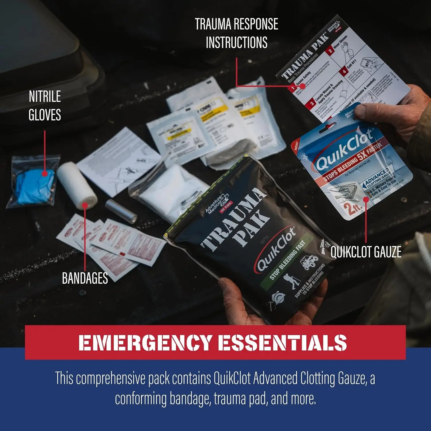 Emergency Trauma First Aid Kit with Quick-Clotting Gauze, Black, Universal Size for Outdoor & Survival