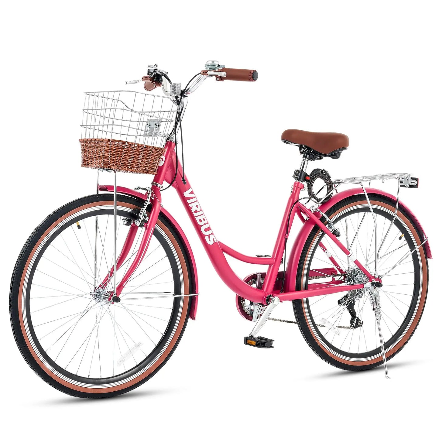 VIRIBUS Womens Cruiser Bike, 7 Speed Beach Cruiser Bike for Women, 26 inch Women Bicycle with Rattan Basket, City Commuter